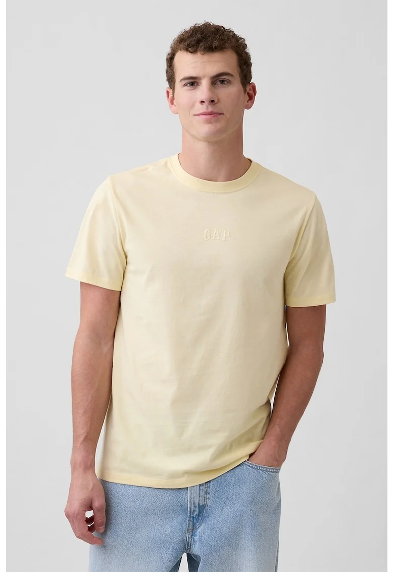 Tricou din bumbac cu decolteu la baza gatului, Galben deschis
