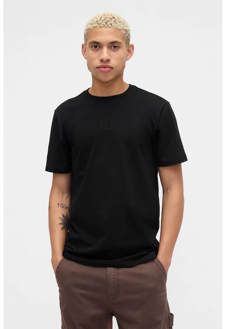 Tricou din bumbac cu decolteu la baza gatului, Negru