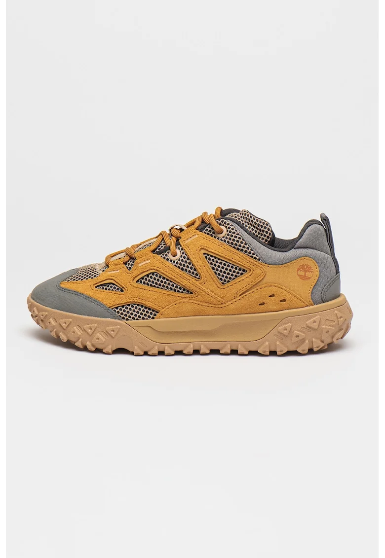 Pantofi sport din piele intoarsa cu insertii din plasa, Gri deschis/Maro camel/Caramel