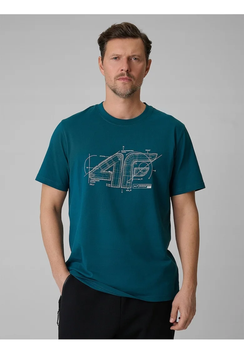 Tricou barbat cu imprimeu,  turcoaz, bumbac, croiala lejera