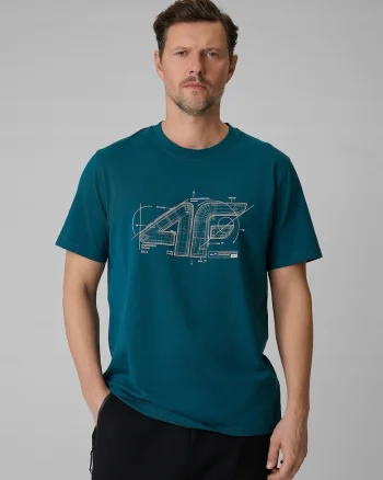 Tricou barbat cu imprimeu,  turcoaz, bumbac, croiala lejera