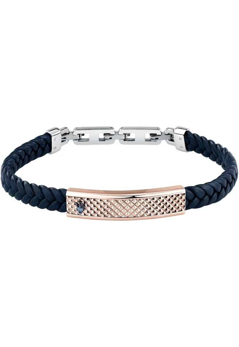 Bratara  inox si piele naturala, argintiu si albastru, set