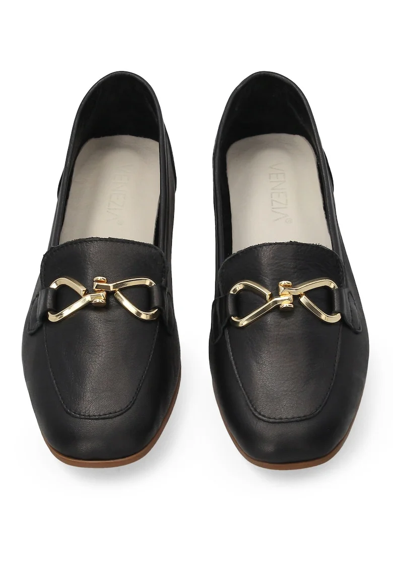 Pantofi Loafer din piele cu vatf rotund si detaliu metalic