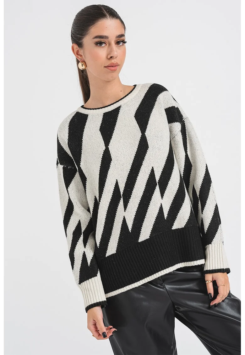 Pulover cu decolteu la baza gatului si model geometric Jude, Negru/Alb murdar