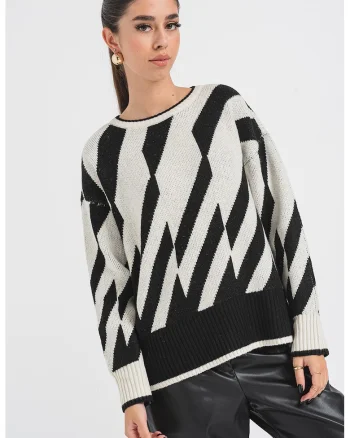 Pulover cu decolteu la baza gatului si model geometric Jude, Negru/Alb murdar