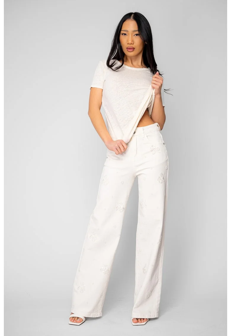 Blugi elastici largi din denim cu broderie Cream 20874, Bej