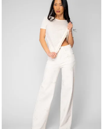 Blugi elastici largi din denim cu broderie Cream 20874, Bej