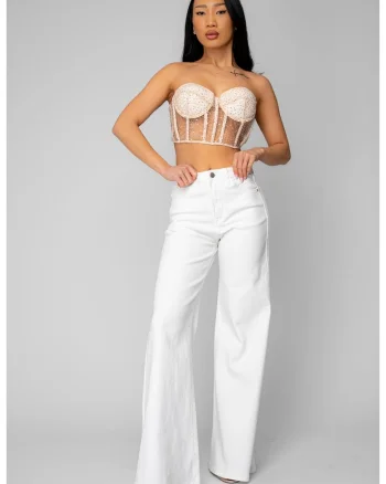 Blugi elastici evazati din denim Off White 20787, Alb optic
