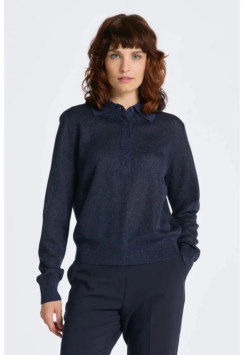 Pulover din tricot fin cu guler polo, Albastru