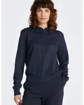 Pulover din tricot fin cu guler polo, Albastru