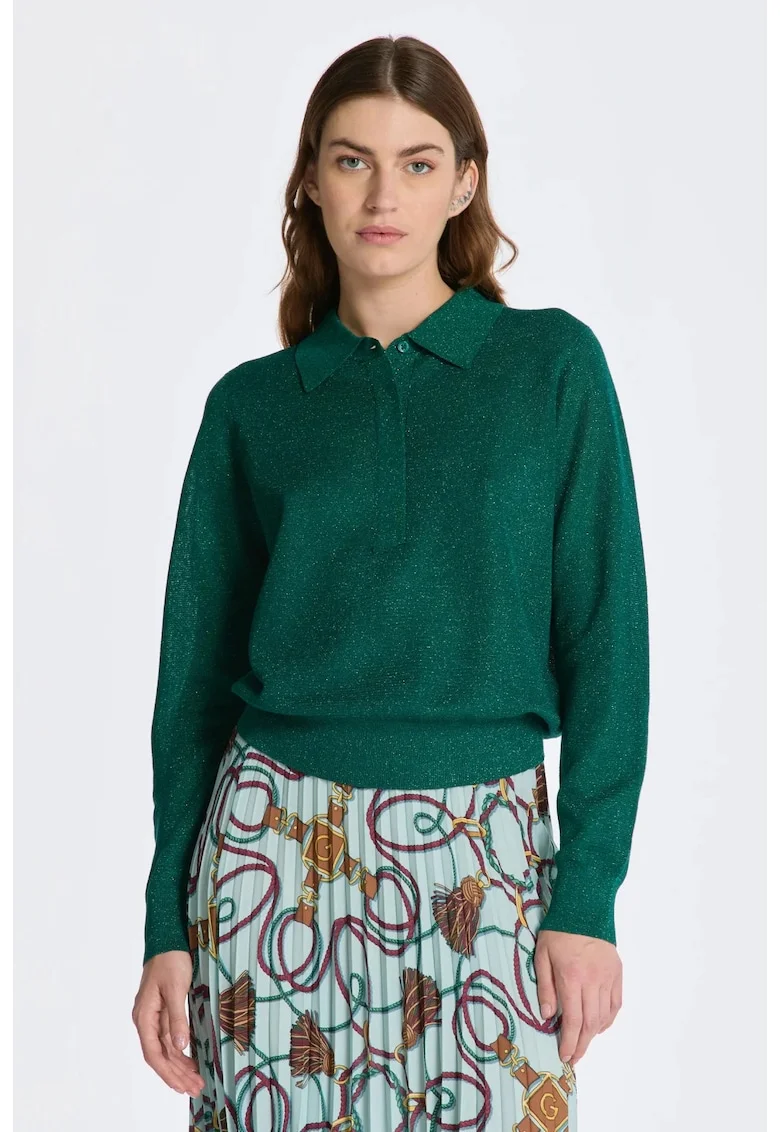 Pulover din tricot fin cu guler polo, Verde