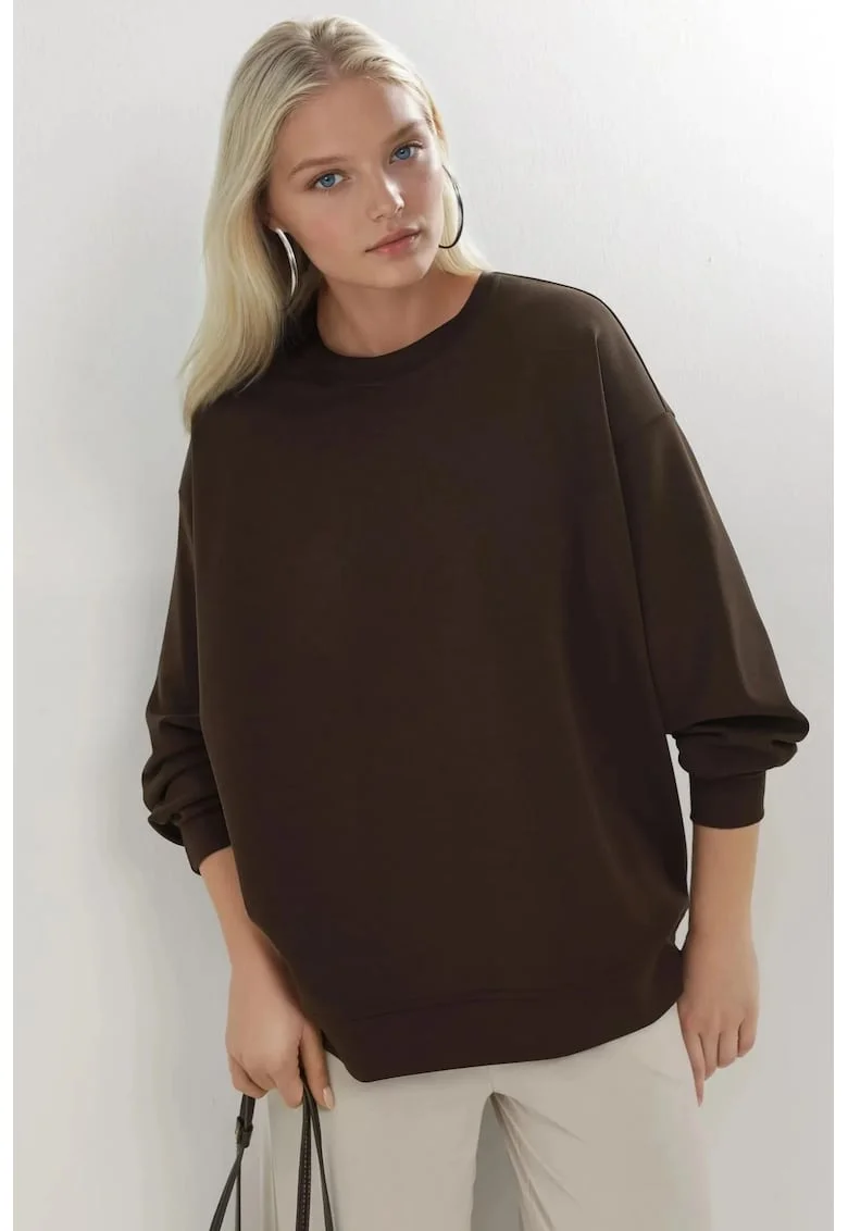 Hanorac dama,  tricotat, croiala relaxata, maro cafeniu, textil, Maro