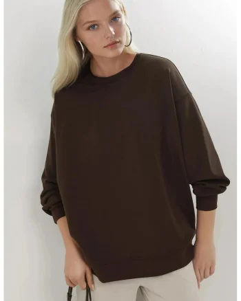 Hanorac dama,  tricotat, croiala relaxata, maro cafeniu, textil, Maro