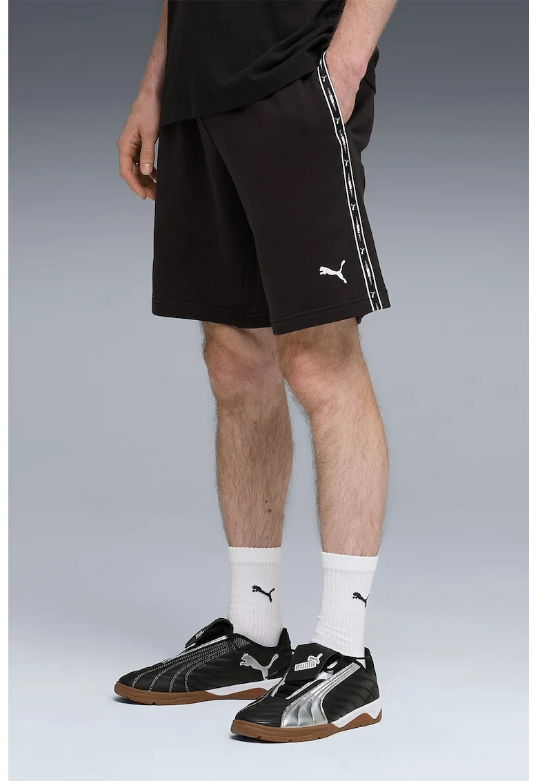 Pantaloni scurti cu benzi logo si talie elastica, Negru stins/Alb optic