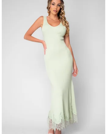 Rochie lunga tricotata cu dantela Mint 20891, Verde menta