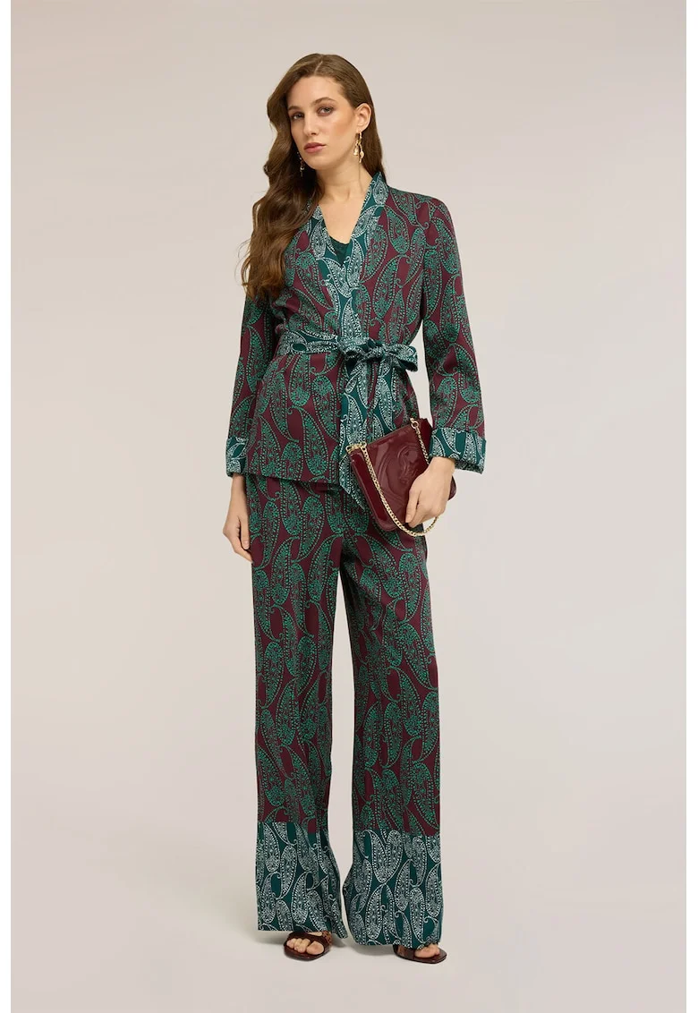 Pantaloni cu croiala ampla si model paisley, Visiniu/Verde inchis
