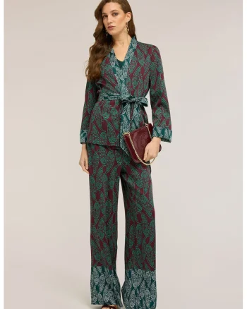 Pantaloni cu croiala ampla si model paisley, Visiniu/Verde inchis