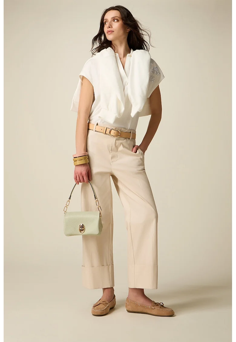 Pantaloni crop cu talie inalta si terminatii pliabile, Alb fildes