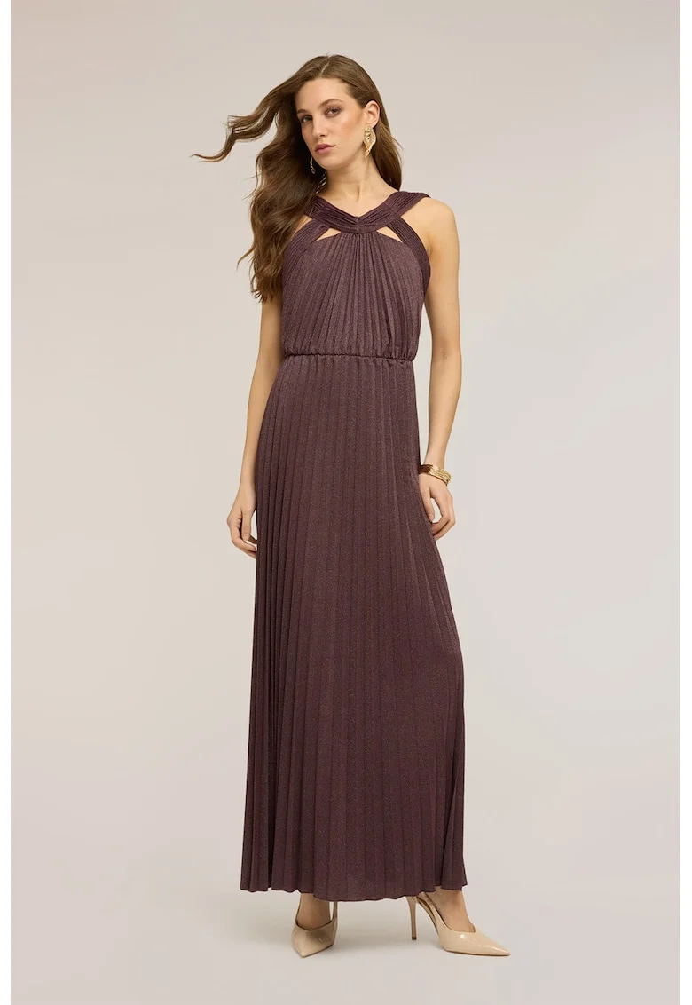 Rochie maxi cu insertii din lurex, Maro