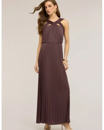 Rochie maxi cu insertii din lurex, Maro