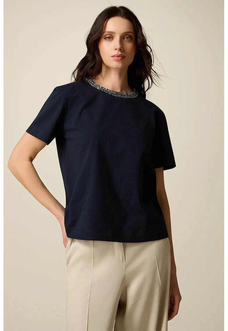 Tricou din bumbac cu aplicatii din strasuri, Albastru ultramarin