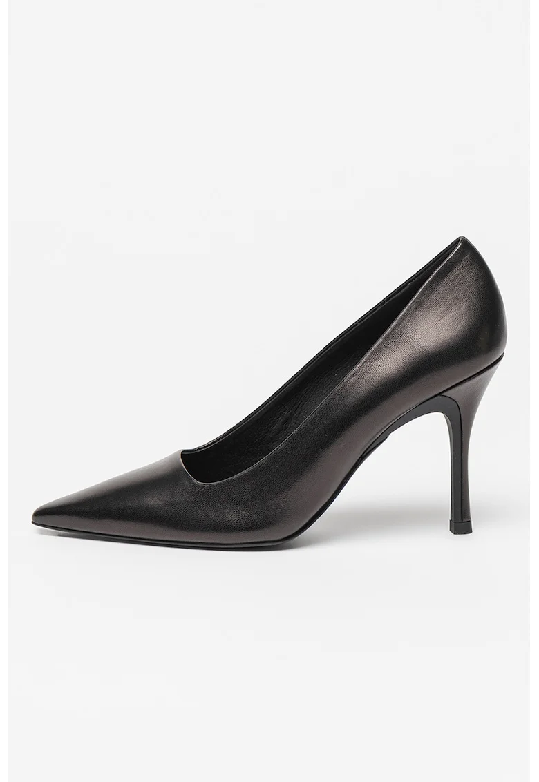 Pantofi din piele cu toc stiletto si varf ascutit Code, Negru