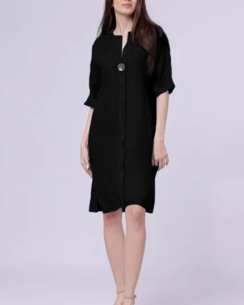Rochie tunica din in neagra, cu nasture metalic decorativ