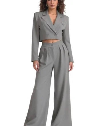 Costum office Marcella, cu sacou structurat si pantaloni evazati, Gri, Marime S/M