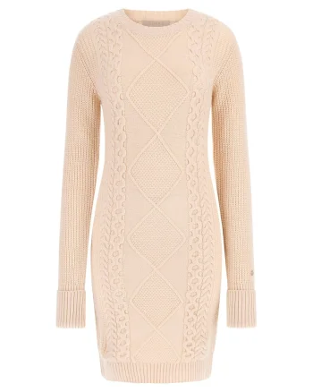 Rochie-pulover din amestec de lana cu decolteu la baza gatului, Piersica