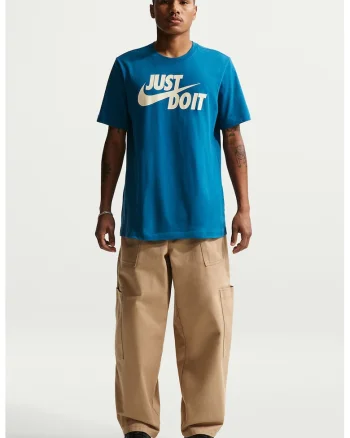 Tricou de bumbac cu imprimeu logo si text Swoosh, Alb fildes/Albastru