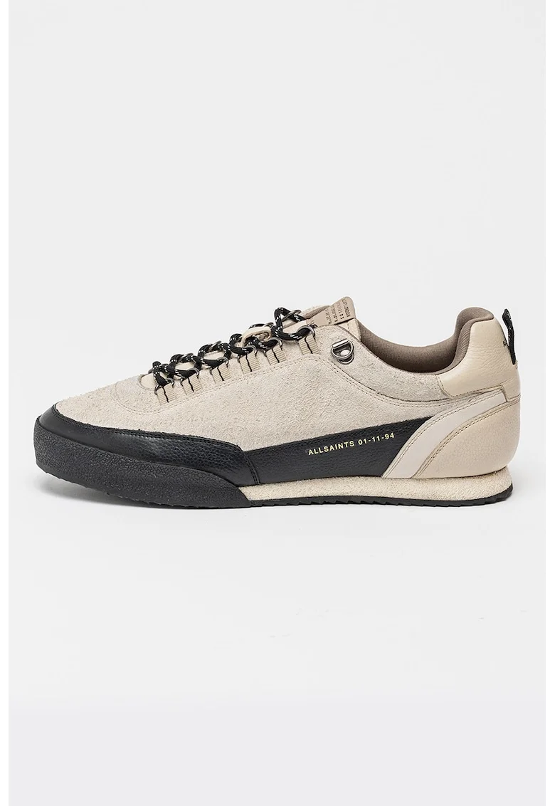 Pantofi sport low-cut din piele intoarsa cu garnituri din piele, Negru stins/Maro taupe deschis/Crem