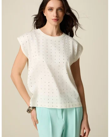 Tricou din bumbac cu aplicatii din strasuri, Alb