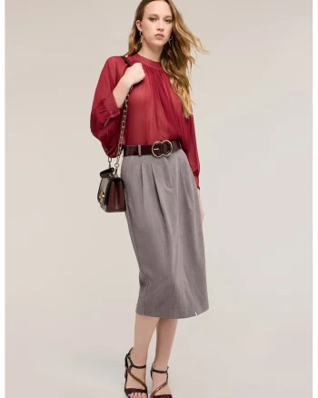 Bluza din sifon cu maneci bufante, Rosu inchis