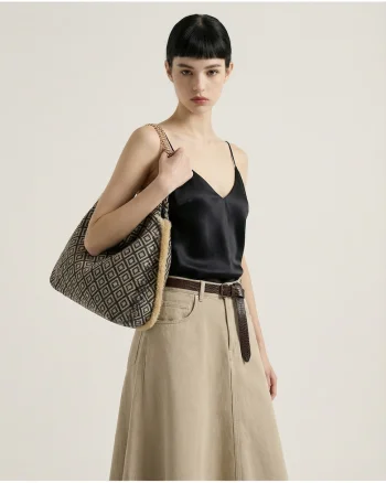 Geanta hobo cu model si barete de lant Valoria, Negru/Bej