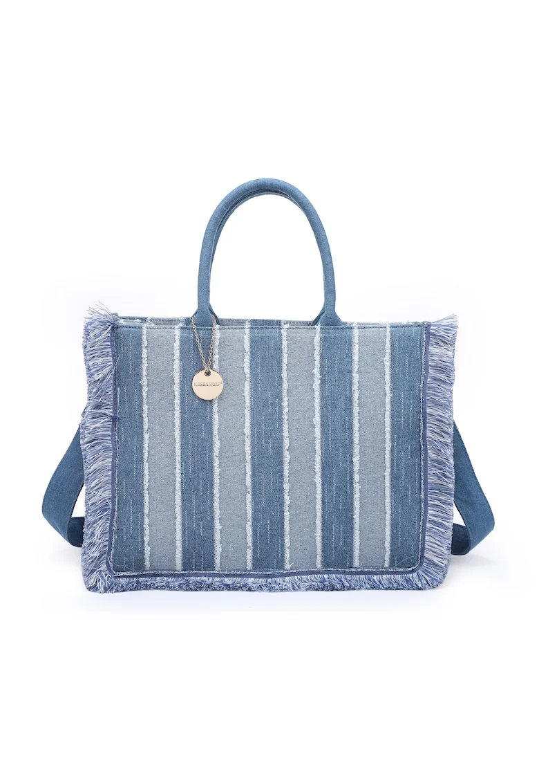 Geanta tote din denim Nevia, Alb/Albastru