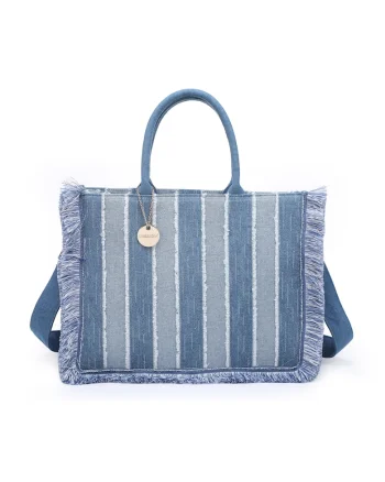 Geanta tote din denim Nevia, Alb/Albastru