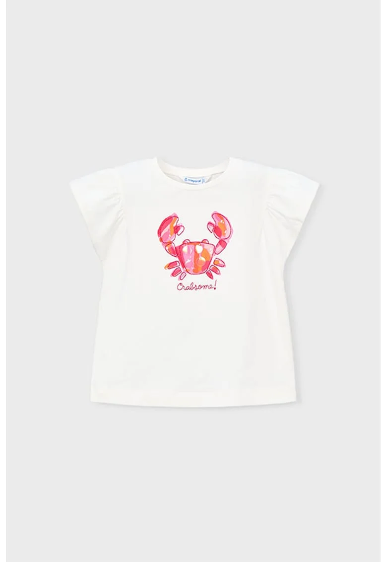 Tricou din amsetec de bumbac cu maneci fluture, Alb murdar/Roz pal