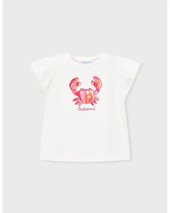 Tricou din amsetec de bumbac cu maneci fluture, Alb murdar/Roz pal