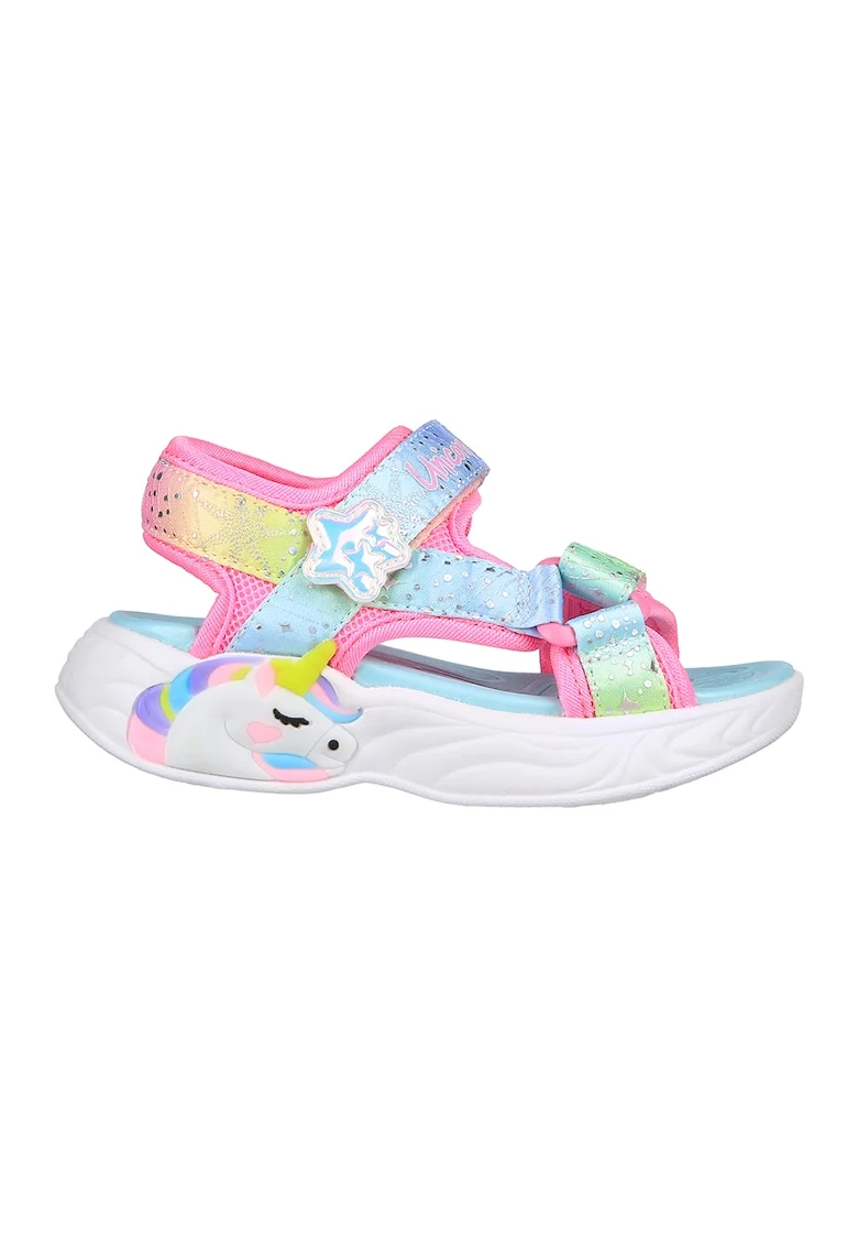 Sandale cu velcro si model colorblock Unicorn Dreams, Galben/Albastru aquamarin/Roz