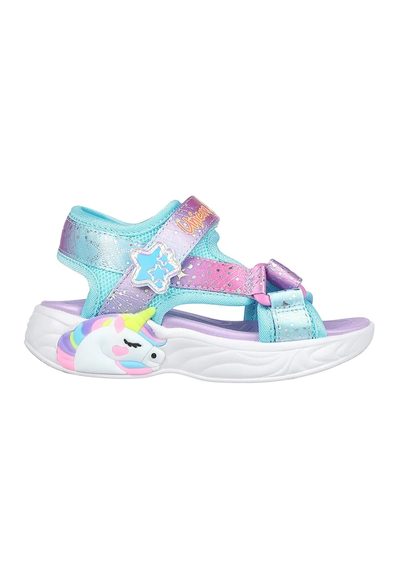 Sandale cu velcro si model colorblock Unicorn Dreams, Turcoaz/Roz