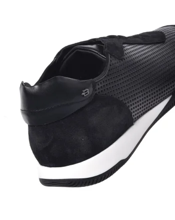 Pantofi sport de piele cu garnituri de piele intoarsa si perforatii, Negru