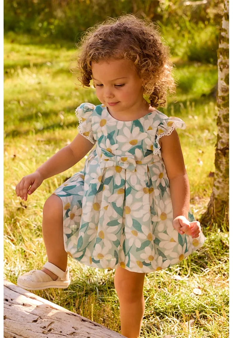 Rochie evazata cu model floral, Alb/Galben/Albastru petrol