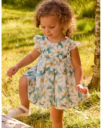 Rochie evazata cu model floral, Alb/Galben/Albastru petrol