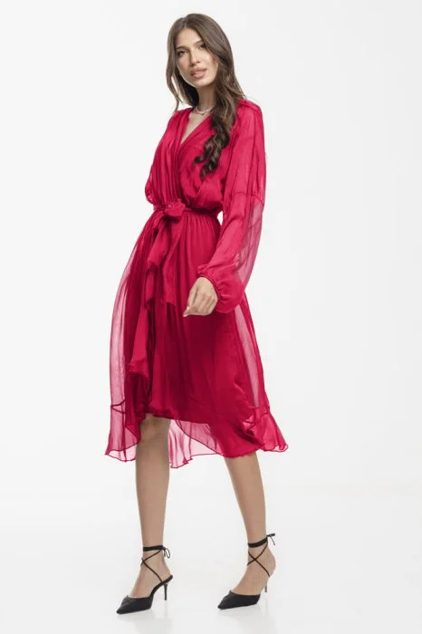 Rochie eleganta din matase si vascoza, petrecuta, cu maneci vaporoase si croiala asimetrica, fucsia inchis