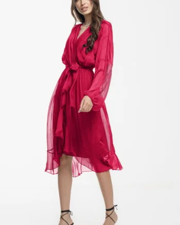 Rochie eleganta din matase si vascoza, petrecuta, cu maneci vaporoase si croiala asimetrica, fucsia inchis