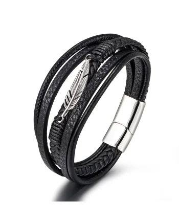 Bratara barbati, piele naturala, negru, Frunza