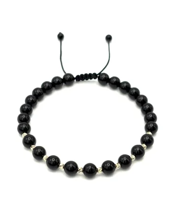 Bratara cu 10 bile din AUR 14K si pietre naturale Onix de 6mm, snur reglabil, barbat