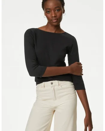 Bluza slim fit cu maneci trei sferturi, Negru