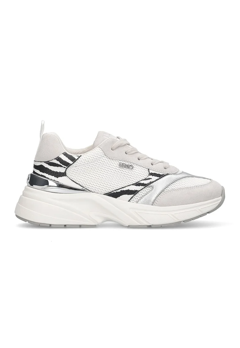 Pantofi sport de plasa si piele ecologica cu detalii animal print, Alb murdar/Argintiu/Bej deschis