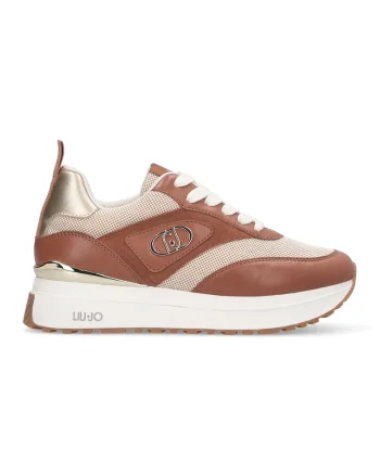 Pantofi sport cu talpa wedge si garnituri din piele, Maro scortisoara/Bej deschis